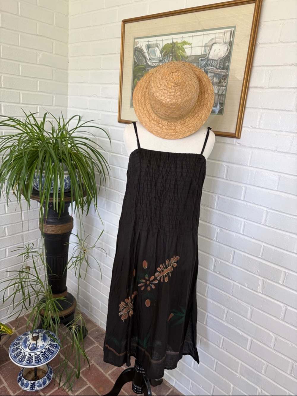 Lagaci Black Smocked Gauzy Midi Dress with Painted Floral Accents